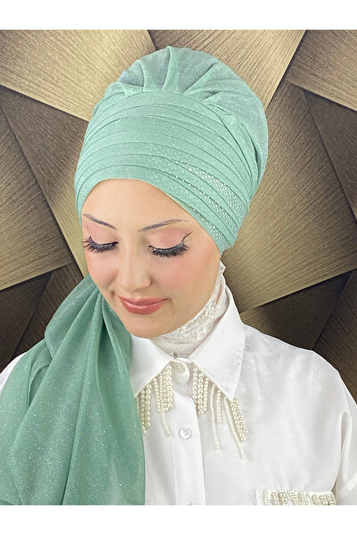 MY UKİYO STORE YELPAZE MODEL TESETTÜR TAŞ BASKILI DRAPELİ SİMLİ ABİYE BONE ŞAL