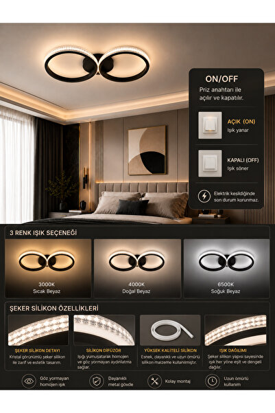 Modavize ARES SİYAH MODERN TASARIMLI 2Li LED PLAFONYER AVİZE -OTURMA ODASI - YATAK ODASI - GİYİNME ODASI - KORİDOR - MUTFAK Led Plafonyer Avize
