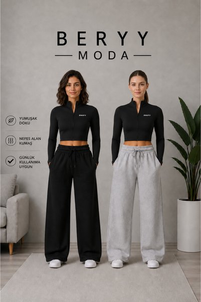 BERYY MODA بنطلون رياضي نسائي واسع الساقين باللونين الأسود والرمادي