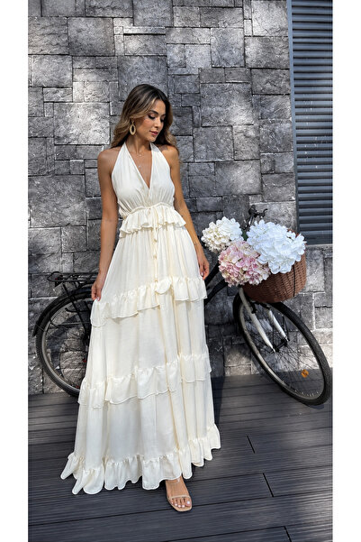 meilora butik Kadın Ekru Volan Detaylı Halter Yaka
