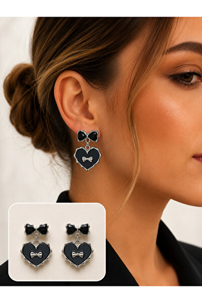 synshop Y2K Gothic Black Heart Bow Figured Dangle Earrings Punk Goth Dark Aca...