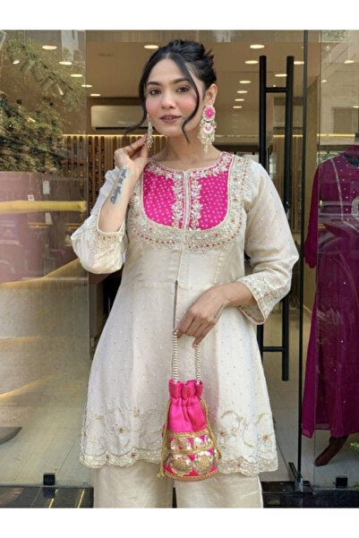 MYSMAR White Gold Crush Silk Kurta Set - FFT8108 | White-Size:XL-42-Inches