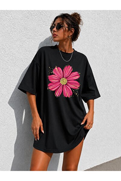 classy moda Γυναικείο μπλουζάκι με στάμπα Cosmos Flower Oversize Extra Long T...