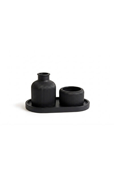 zeranest 3'lü Dekoratif Set - Çizgili Vazo, Mumluk Kabı ve Oval Teps