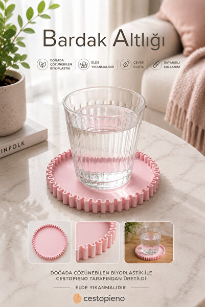 CESTOPİENO Pink Color Coaster 10 cm Naturally Soluble Bioplastic Decorative C...