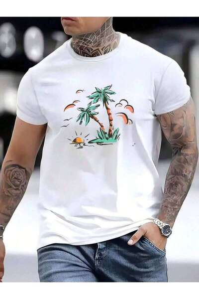 k222 Men'S Fashion Casual Vacation Palm Tree Landscape Illustration Printing ...