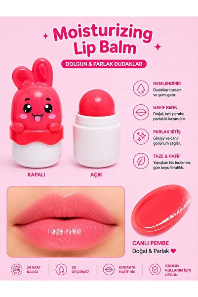NUNUKO Tavşan Lip Balm-Pembe Renk Veren Dudak Nemlendirici-Gloss Etkili Moist...