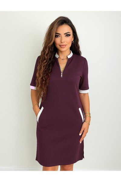 Şeker Portakalım Women's Short Sleeve V-Neck Zipper Pocket Side Slit Viscose ...