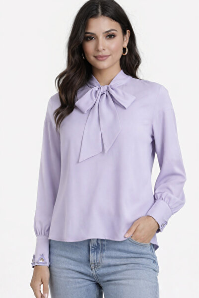 2TRENDY Women's Tie Collar Long Sleeve Blouse Mauve