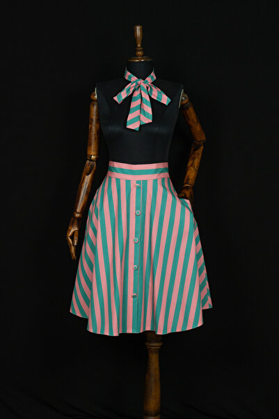 Sihirli Düğmeler Striped Flared Skirt with Pockets