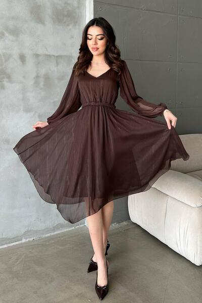 Clothes Fast فستان نسائي بني لامع بياقة على شكل V وأكمام بالون طويلة وخصر مطا...