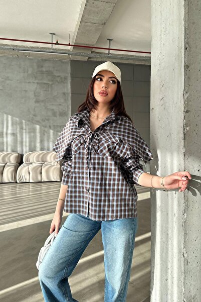 Clothes Fast Women's Brown Plaid Shirt with Collar, Double Pockets, Tie Detai...