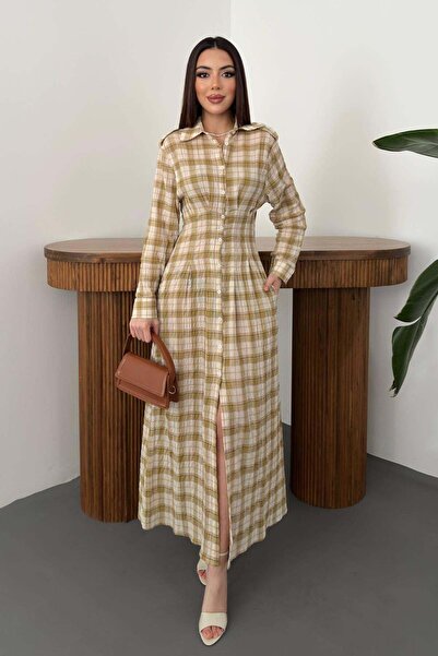 Moda Days Rochie maxi plisată cu mânecă lungă, cu nasturi și guler, cu model ...