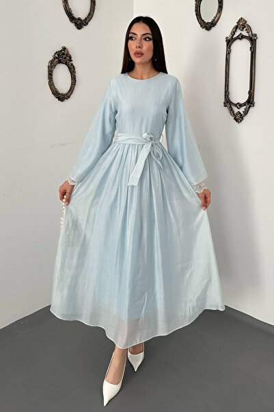 Moda Days فستان ماكسي نسائي أزرق بأكمام طويلة وحزام من الدانتيل على شكل حرف A