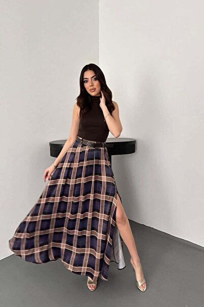 Clothes Fast تنورة ماكسي نسائية ذات لون أزرق داكن منقوشة وعالية الخصر بفتحة ج...