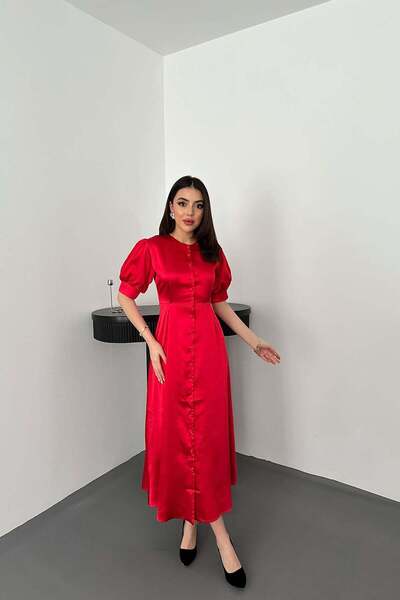 Clothes Fast Γυναικείο κόκκινο μίντι σατέν φόρεμα με στρογγυλή λαιμόκοψη και ...