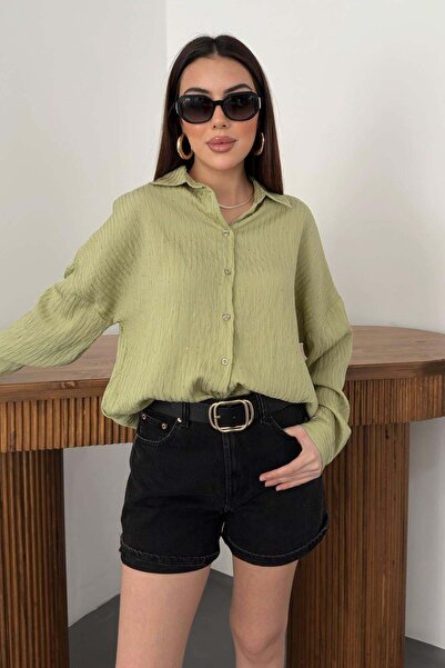 Clothes Fast Women's Green Shirt Collar Textured Oversize Long Sleeve Buttone...