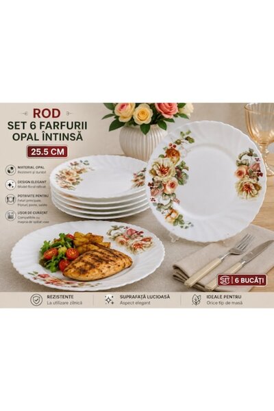 Rod Set de 6 farfurii opal de masă de 25,5 cm – Decor floral elegant, durabil...