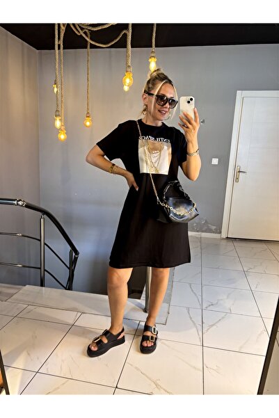 Gözde Tasarım Butik Women's Black Color Short Printed Basic Short Sleeve Dres...
