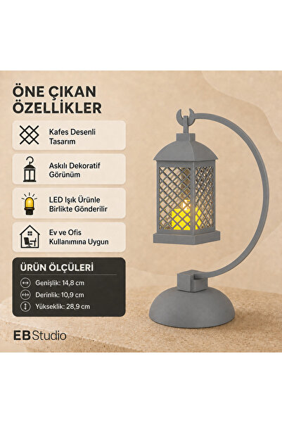 EBStudio Kavisli Standlı LED Işıklı Dekoratif Fener – Askılı Masaüstü Ev ve O...