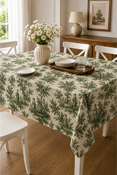 linea natura home Yeşil Duck Kumaş Fransız Köylü Desenli Düz Masa Örtüsü Vint...