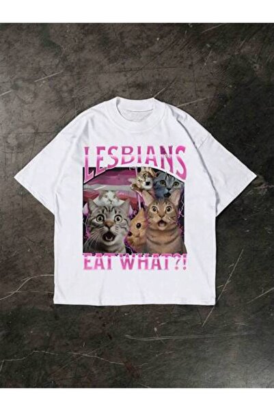 9JY T - Shirt With Cats The Phrase "LESBIANS EAT WHAT?!" Style ,Casual Print,...