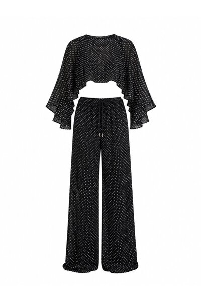 Laluvia Black Polka Dot Chiffon Double Set - 2246