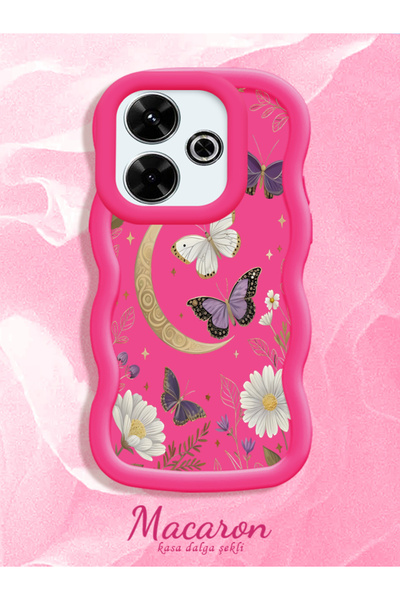 CHICASELUX Redmi 13/13X Uyumlu Dalgalı çerçeve ay kelebek ve çiçek desenl sil...