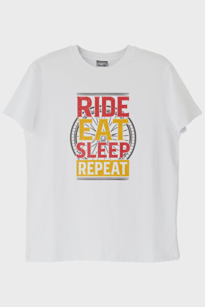 lofux Ride Eat Sleep Repeat Printed White T-Shirt