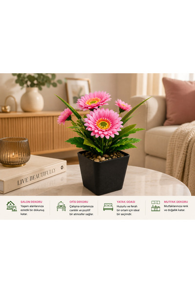SAYRA HOMES Yapay Gerbera Çiçeği pembe Saksılı 20 cm Dekoratif Yapay Çiçek Ev...