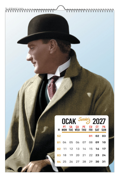 GenelTedarik 2027 MUSTAFA KEMAL ATATÜRK DUVAR TAKVİMİ 33X48 SPİRALLİ VE ASKILI