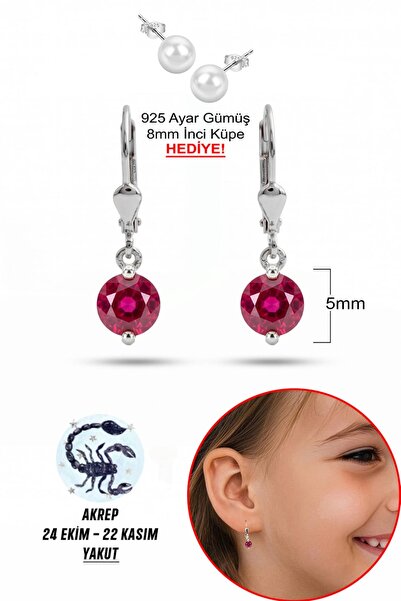 klas gümüş 925 Ayar Gümüş Çocuk Küpesi | 5 mm Yakut Taşlı Sallantılı Küpe | A...