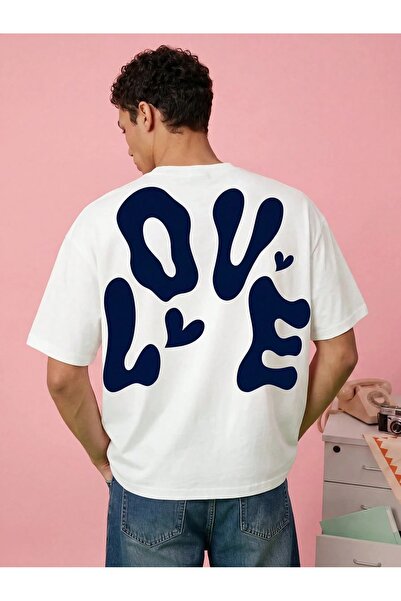 Vordevia Love Printed White Oversized Unisex T-Shirt Basic Comfortable Fit Da...