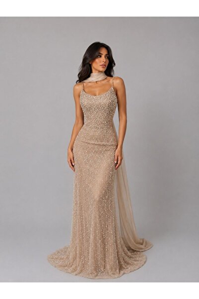 ranin Brown Evening Dress Kefla Shawl Pearl Bead Embroidery