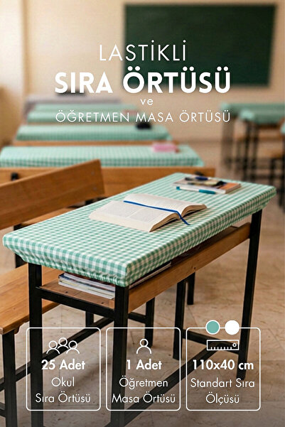 Bimotif 25li Lastikli Okul Sıra Örtüsü (110x40 cm) + Öğretmen Masa Örtüsü (14...