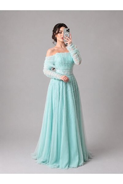 ranin Turquoise Evening Dress Tulle Double Cloche Zircon Pearl Embroidery