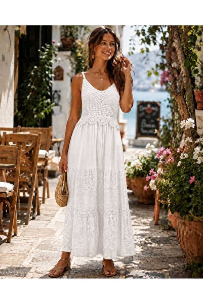 Butik Şans Women's Guipure Embroidered Italian Dress with Elastic Back and Li...