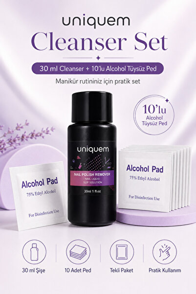 Uniquem Yapışkan Tabaka Temizleyici Kalıcı Oje Protez Tırnak Jel Kat Temizleme Cleanser Alcohol Pedli 30 ML