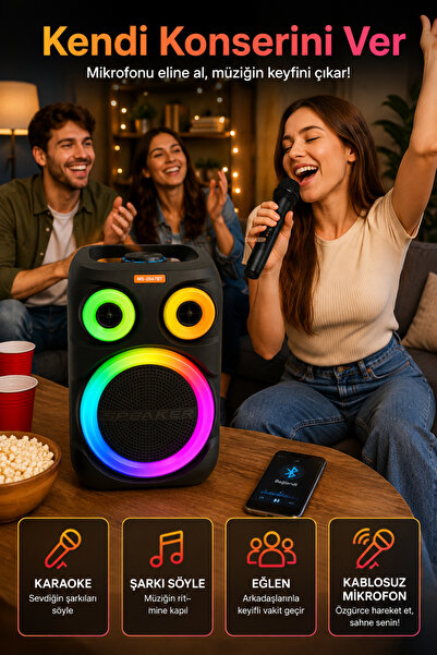 Omaze Bluetooth Hoparlör Karaoke Kablosuz Mikrofonlu 8 İnç Taşınabilir RGB Işıklı Şarjlı USB FM Radyo