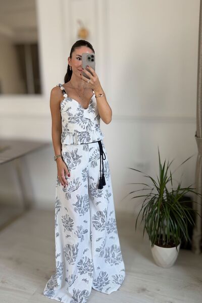 Sena Ceran Butik DESENLİ TAŞ AKSESUARLI BLUZ PANTOLON TAKIM