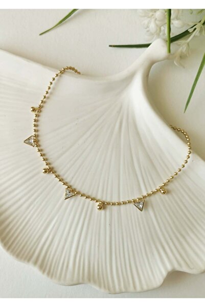 Halley Concept Triangle Stone Detailed Gold Steel Anklet 23+5 cm