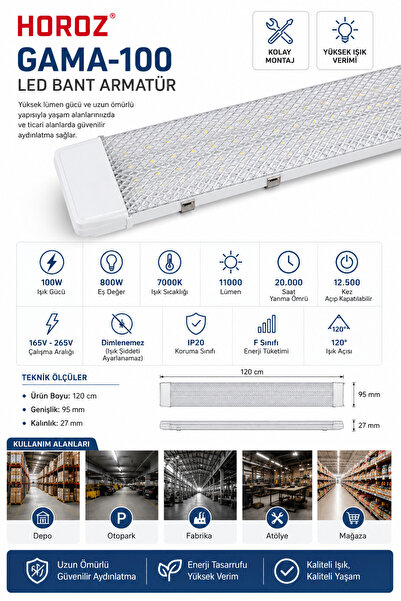 Horoz 1 ADET Gama-100 100W 120 cm LED Bant Armatür 11000 Lümen 7000K Beyaz Iş...