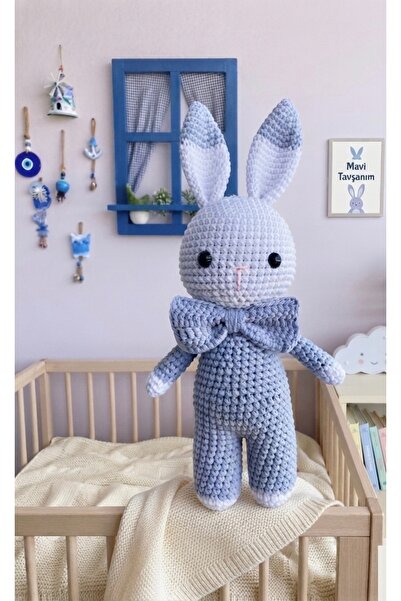 Taze Kal El Örgüsü Amigurumi Mavi Papyonlu Sevimli Tavşan Bebek Odası Oyuncak...