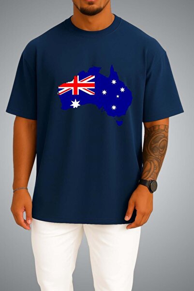 Bahriyeli Collection Oversize Australia Flag and Map Chest Printed Unisex T-S...
