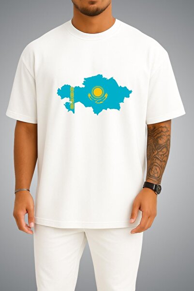 Bahriyeli Collection Oversize Kazakhstan Flag and Map Chest Printed Unisex T-...