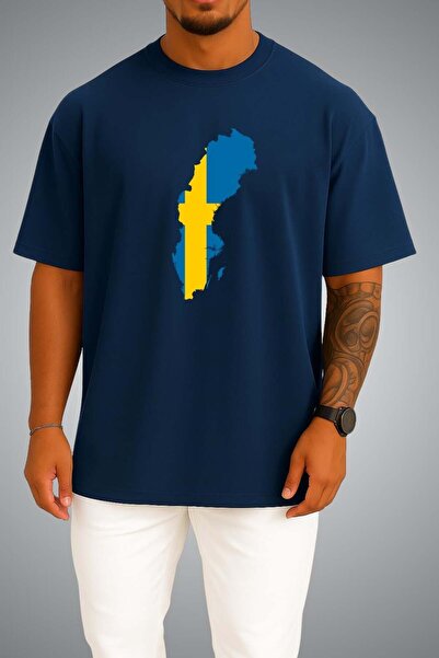 Bahriyeli Collection Oversize Sweden Flag and Map Chest Printed Unisex T-Shirt