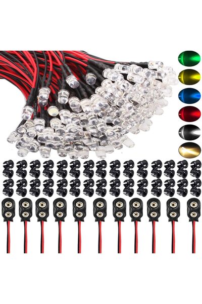 LET Set de 60 LED-uri de 5 mm, 12V, cu fire de 20 cm, 10 conectori de 9 V, 6 ...