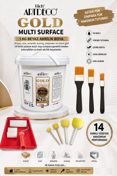 arttone Artdeco Multi Surface Akrilik Boya 1 KG Beyaz Rulo ve Fırça Tavası ı Tampon Sünger Takımı Zemin Boyama Set