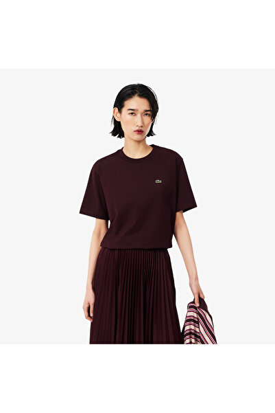 Lacoste Kadın Relaxed Fit Bisiklet Yaka Bordo T-Shirt