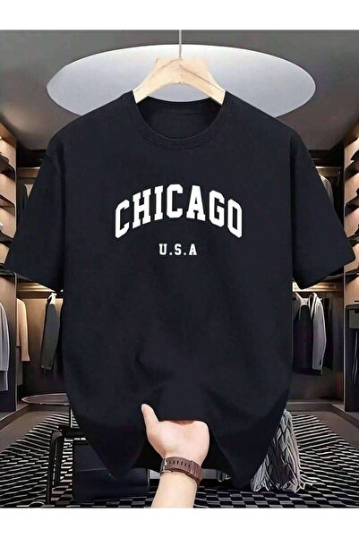 9JY الأسلوب الأمريكي البسيط: قميص أبيض بأكمام قصيرة مطبوع عليه حروف CHICAGO U...